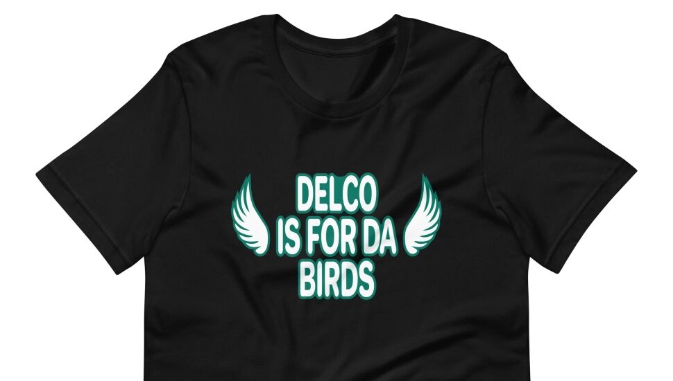 A 'Delco Is for Da Birds' T-shirt sold by John and Doreen Leister at Divided Equals Zero