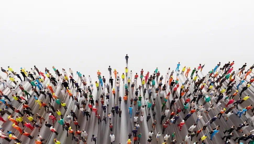 A large group of gathering workers
