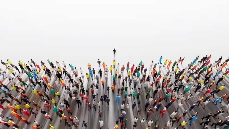 A large group of gathering workers