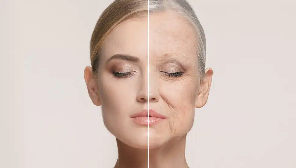 A digitally-altered face of a young woman with half showing her as an older woman