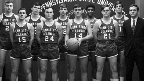 The men's basketball team at Penn State Brandywine in 1968, when the university's athletics program started