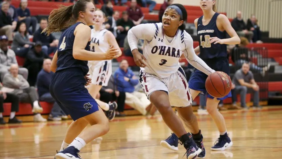 Amaris Baker (3) drives past Spring-Ford's Alyssa Yuan (4) during a second-round PIAA Class 6A girls basketball tournament game in 2019.