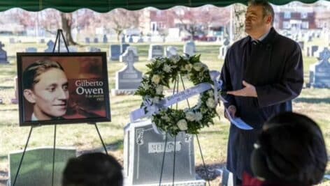 Carlos Obrador Garrido, Head Consul of Mexico in Philadelphia, speaks at a small ceremony for Gilberto Owen Estrada at his unmarked grave in Yeadon