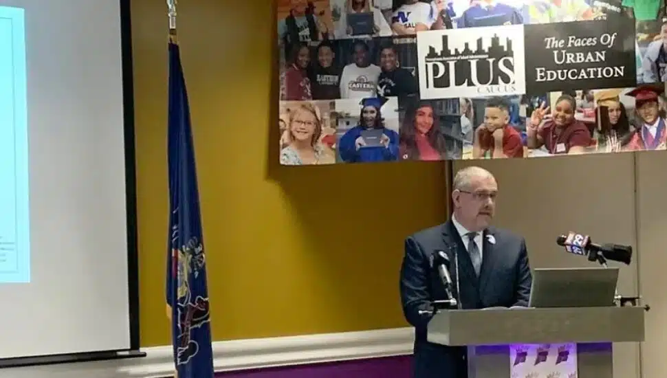 Norristown Superintendent Christopher Dormer speaks at a news conference Tuesday at Upper Darby High School