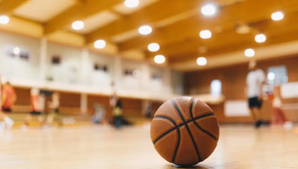 Basketball on wooden court