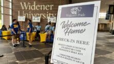 A sign welcomes students to the Widener University campus