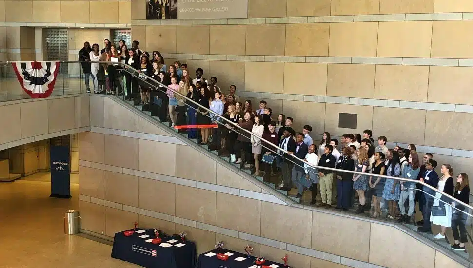 The winners of the 12th annual Widener University High School Leadership Awards on a stairwell at the National Constitution