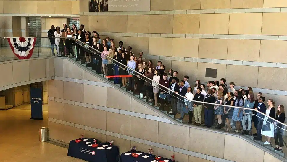 The winners of the 12th annual Widener University High School Leadership Awards on a stairwell at the National Constitution
