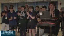 The Haverford High FIRST robotics club 484 Robo Force have a congratulatory moment after making it to the robotics world championship