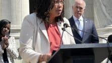 Delaware County Council Chairman Monica Taylor talks about the federal grant to help reduce infant and maternal mortality in Delaware County outside the Delaware County Courthouse