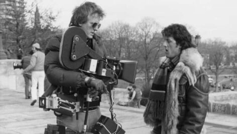 Garrett Brown, left, with the Steadicam talking to Sylvester Stallone.