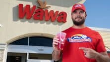 Philadelphia Phillies left-fielder Kyle Schwarber is shown outside a Wawa store with The Schwarbomb.