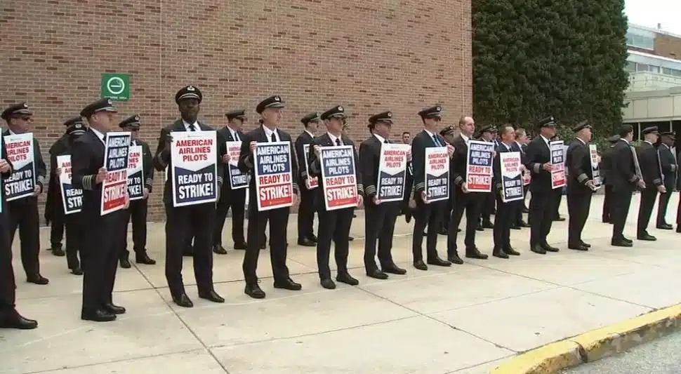 American Airlines pilots formed a picket line protest at Philadelphia International Airport Monday after members of the Allied Pilots Association authorized a strike