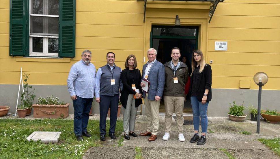 Casa Scalabrini, an organization that welcomes refugees and migrants and integrates them into the local community in Rome, is a Foundation grant recipient. Shown are Brother Gioacchino Campese, C.S., General Director at Casa Scalabrini; Dave Savage, Executive Director of The Papal Foundation; Kimberly and Kevin Shea, Stewards of Saint Peter; Connor Shea; and Marianna Occhiuto, Head of Partnerships, Scalabrinian Agency for Cooperation and Development.
