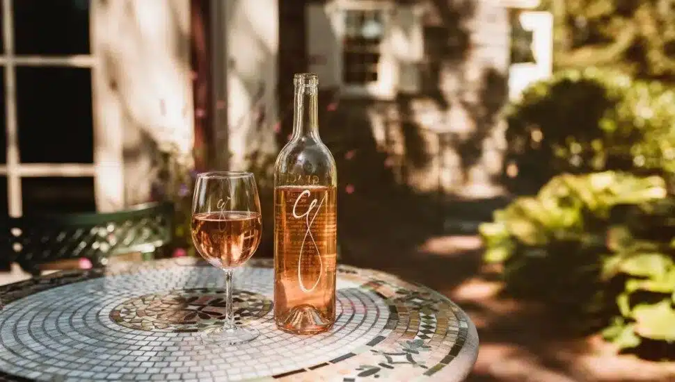 A bottle and glass of the Grace Winery rose' wine on a table