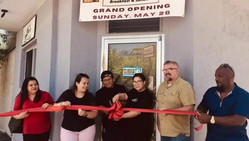 Cutting the ribbon at Leo's Cafe are (from left) Romelia Cruz, Lansdowne Mayor Magda Byrne, Walter Jaico, owner Leonarola "Leo" Cruz, Lansdowne Borough Council President Benjamin Hoover and Jose Aponte.