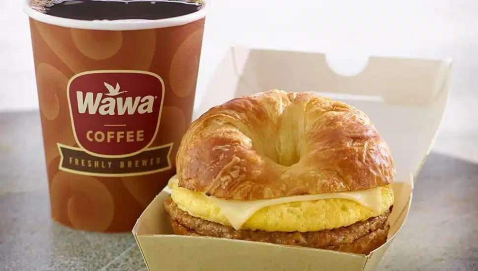 Wawa coffee and a Sizzli sandwich.