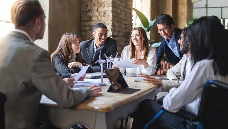 A group of businesspeople around a table brainstorming ideas.