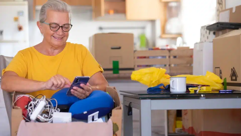 A woman has a box of items and is doing some home decluttering