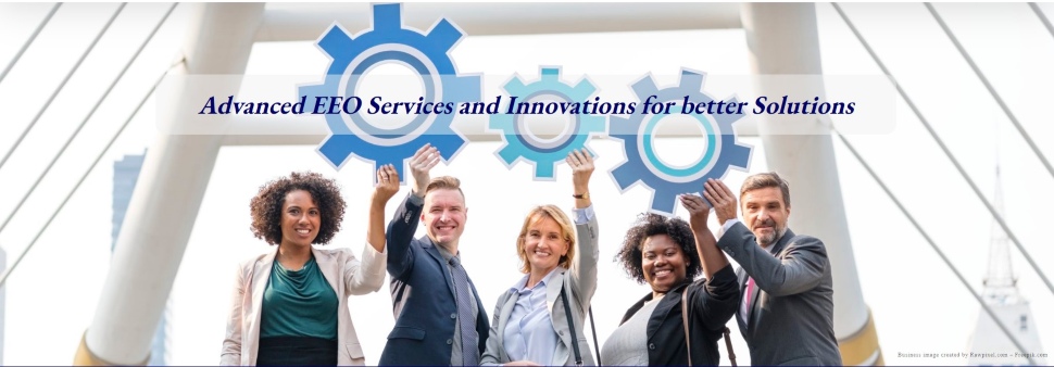 Webpage photo for Advanced EEO Solutions showing men and women staffers holding large cogs.