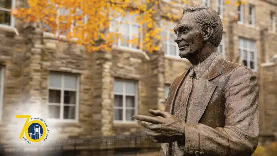 A statue of P.I.T. founder Walter Garrison at the Media campus of the Pennsylvania Institute of Technology.