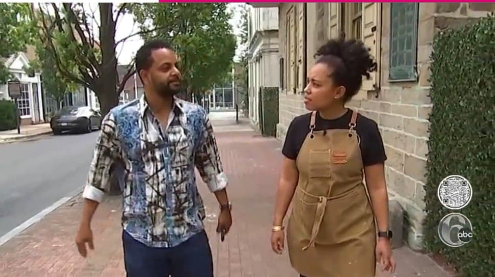 Ron Starr and Fiona Hew-Wing talk about possibilities as they walk down Chester's Avenue of the States.
