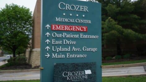 Crozer Chester Medical Center sign outside the facility in Chester.