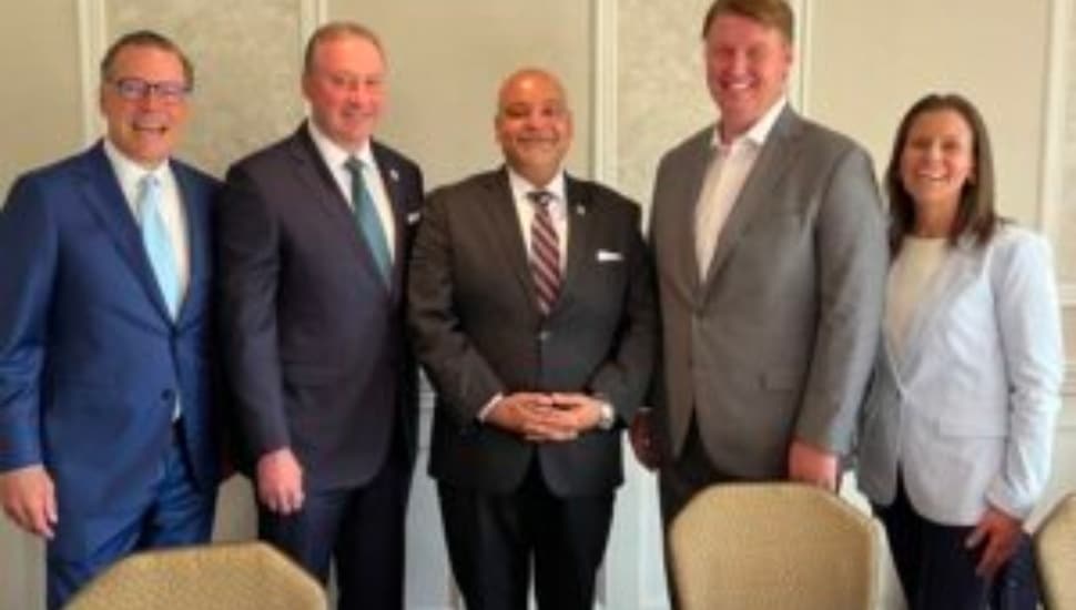 Attending the Delaware County Chamber of Commerce breakfast were (from left) Christopher Franklin, Essential chairman and CEO; Mike Innocenzo, PECO president and CEO; Philadelphia International Airport CEO Atif Saeed; Energy Transfer vice president for public affairs Joe McGinn, and Trish McFarland, Delaware County Chamber of Commerce president.