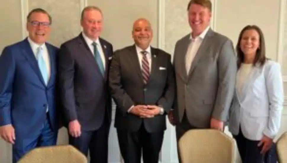 Attending the Delaware County Chamber of Commerce breakfast were (from left) Christopher Franklin, Essential chairman and CEO; Mike Innocenzo, PECO president and CEO; Philadelphia International Airport CEO Atif Saeed; Energy Transfer vice president for public affairs Joe McGinn, and Trish McFarland, Delaware County Chamber of Commerce president.