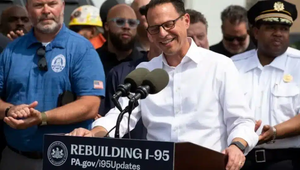 Pa. Gov. Josh Shapiro speaks about Delco ingenuity Tuesday at a news conference at the site of the I-95 collapse.