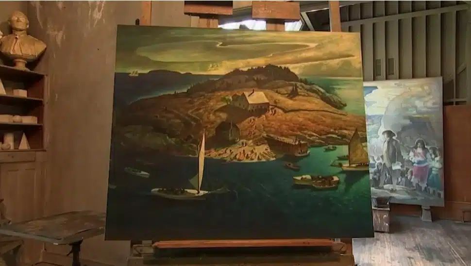 Paintings in their natural habitat in Andrew Wyeth’s home studio.