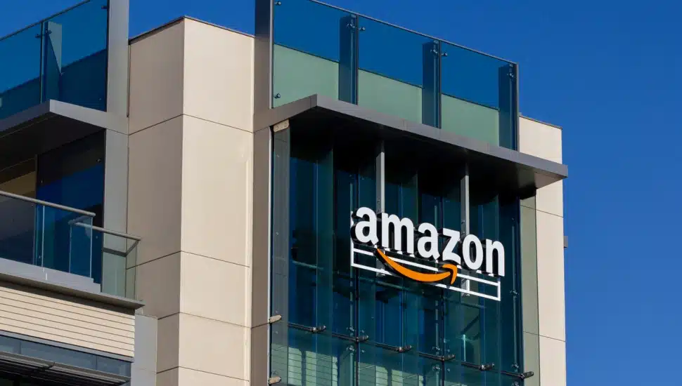 The Amazone sign outside an Amazon building.
