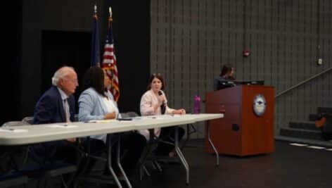 Delaware County Judge Barry Dozor, Council Chair Dr. Monica Taylor, and county Director of Human Services Sandy Garrison field questions on the opioid settlement spending process.