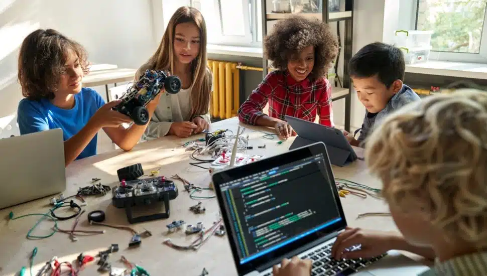 Students are at a table loaded with electronics working on a science project.