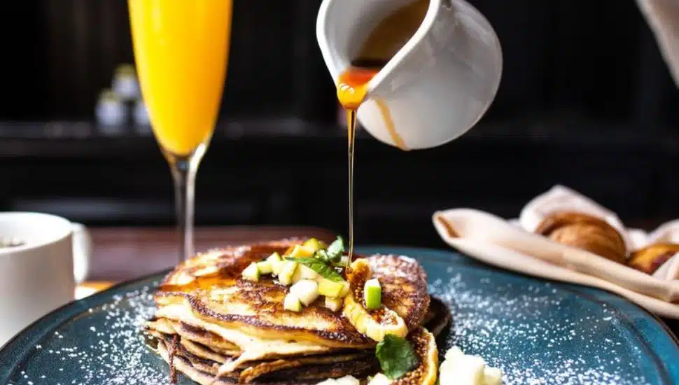Am Amada restaurant brunch entree with a drink.
