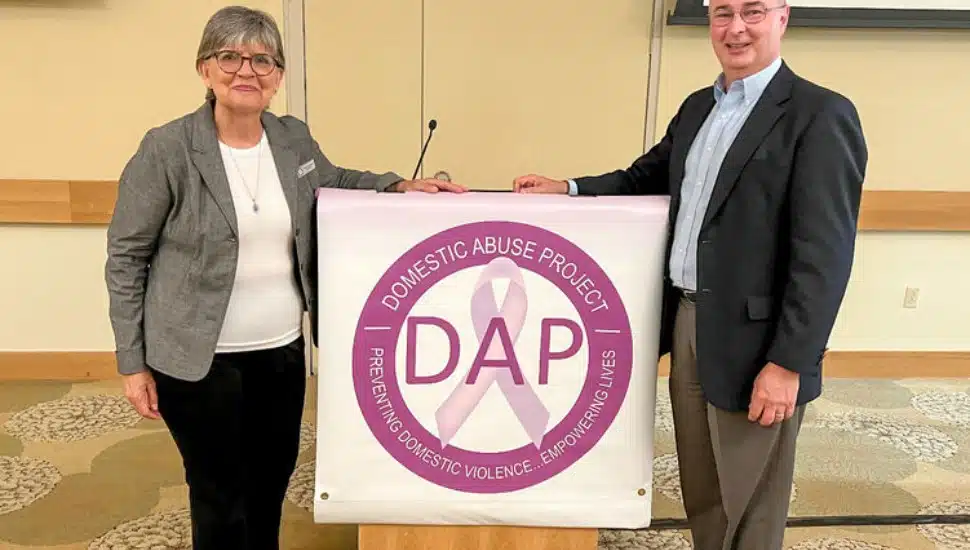 Bill Tyson, right, director of strategic communications at Penn State Brandywine, will be the next board chair for the Domestic Abuse Project of Delaware County, succeeding Barbara Pollarine.