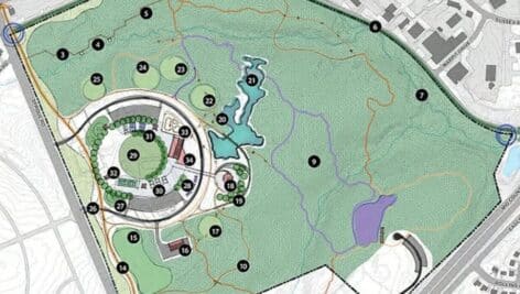 A proposed design for the new county park in Marple shows mostly undeveloped forest with a section carved out for recreational use.