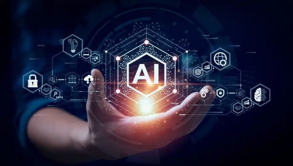 Businessman touching the brain of AI.