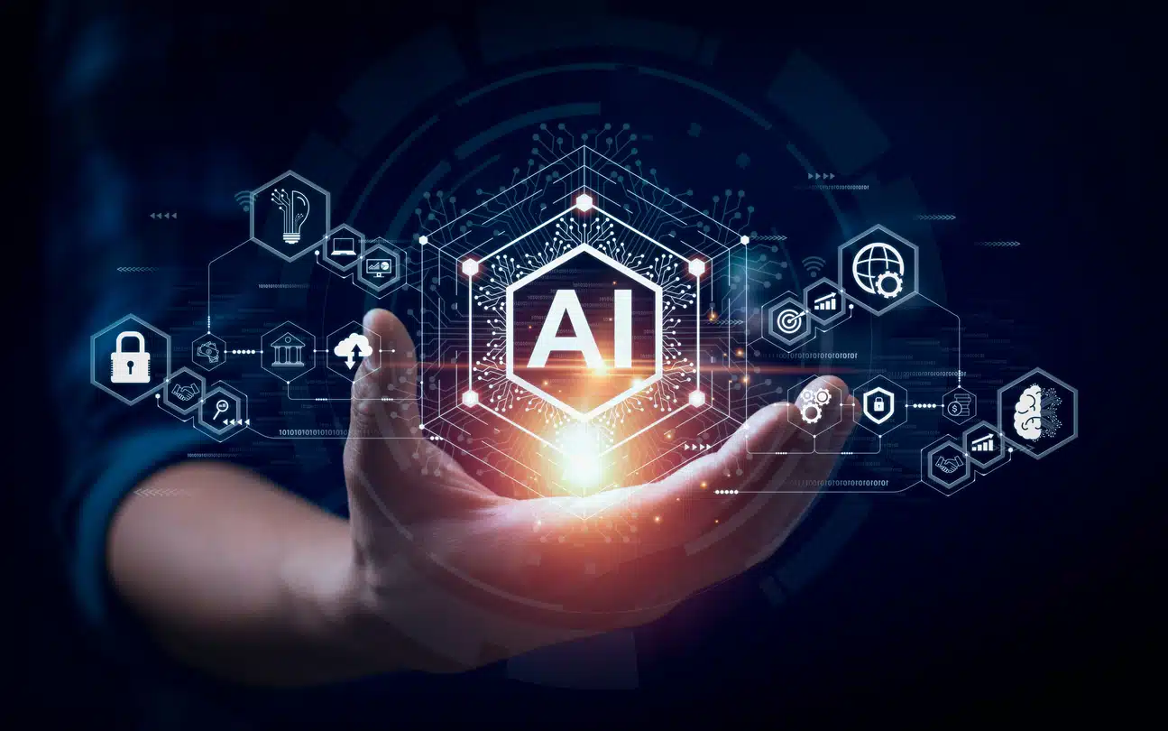 Businessman touching the brain of AI.