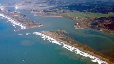 A modern arial view of Humboldt Bay.
