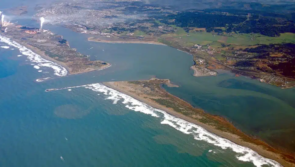 A modern arial view of Humboldt Bay.
