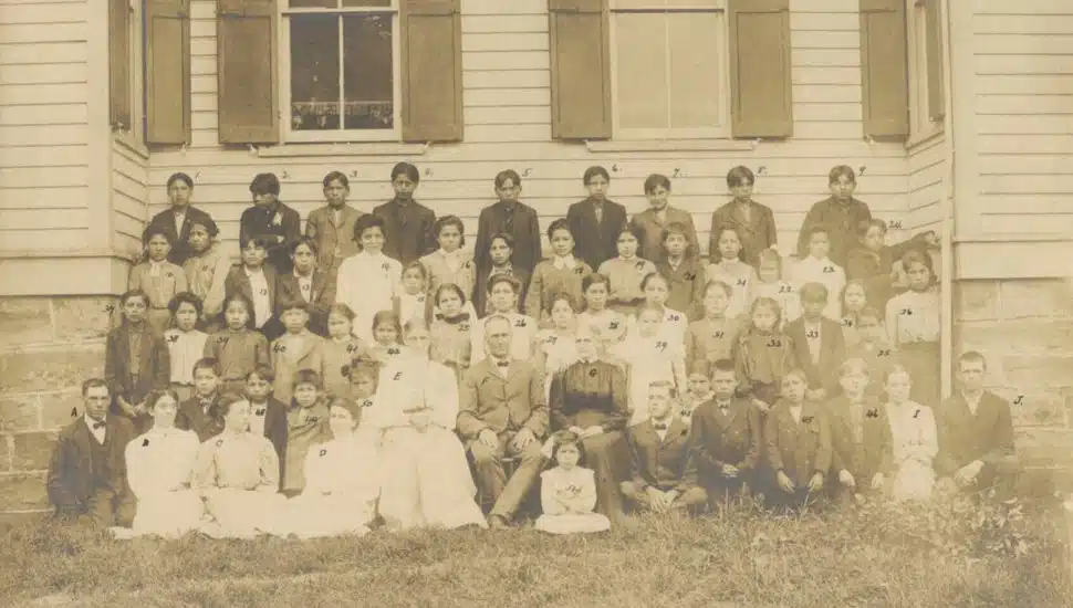 A group of Native American children at a Quaker-run boarding school.