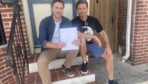 Filmmakers/actors Dennis Jeantet, left, of Swarthmore, and John Giordano of Philadelphia with the script of "Another Man's Trash."