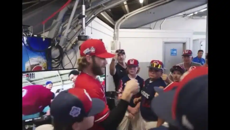 Philadelphia Phillies Bryce Harper talks to members of the Media Little League in Williamsport, PA.