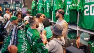 Eagles fans are surrounded Kelly green merchandise at the Eagles Pro Shop at Lincoln Financial Field.