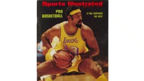 A Los Angeles Lakers jersey worn by Philadelphia’s Wilt Chamberlain in the 1972 NBA Finals while he was nursing a broken hand is being auctioned.