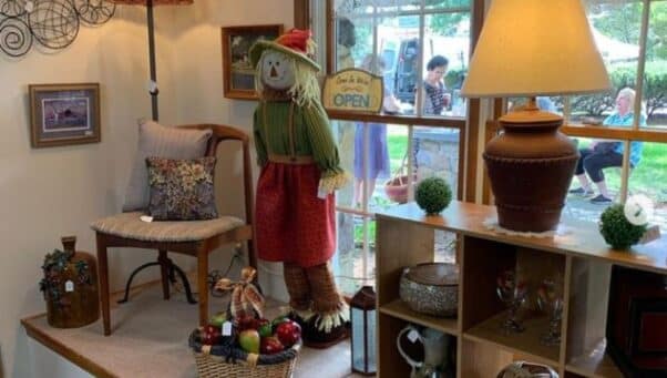 A window display of decorations and items for sale at Saint Alban's Thrift Shop in Newtown Square.