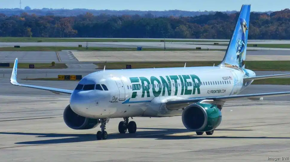 A Frontier Airline airplane at the BWI airport.