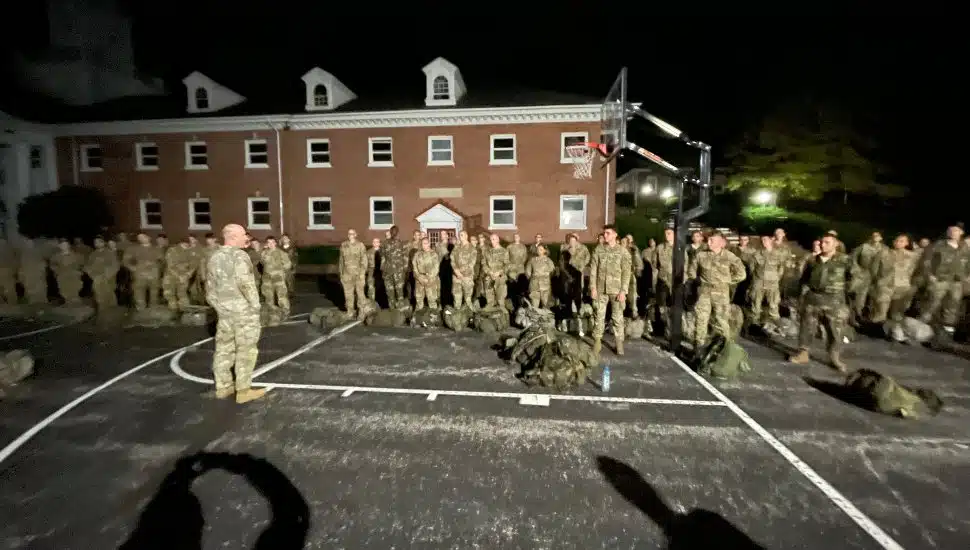 LTC Brandon Drobenak, VFMC's professor of military science, addresses VFMC ROTC Cadets as they prepare to climb 2,200 steps in honor of victims of 9/11