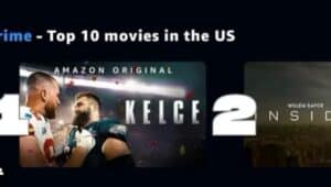 This card shows that the Jason Kelce documentary "Kelce" is No. 1 on Amazon Prime Vido in the United States